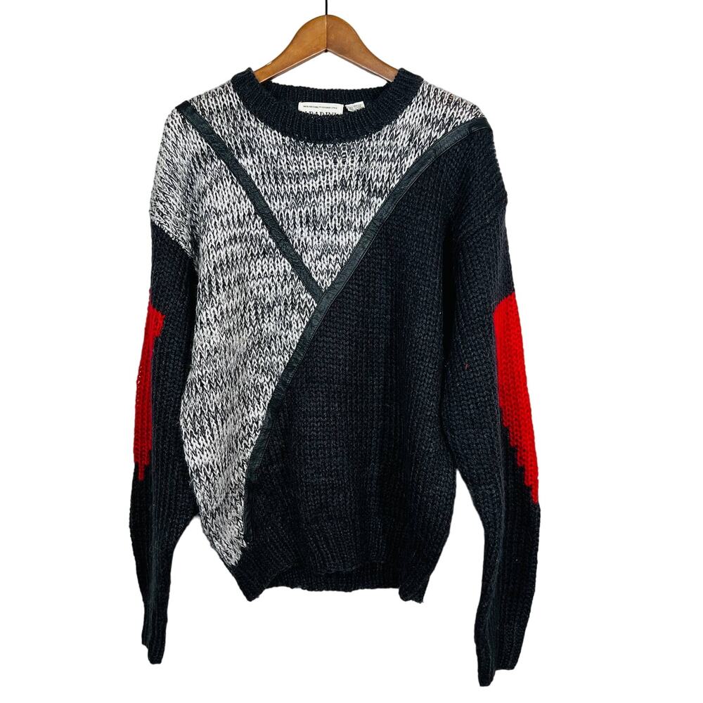 Vintage 80s Abadini Dad Sweater Long Sleeve Black Leather Accent Grandpa Art - L